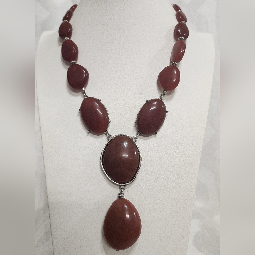 Avon Style Red Brown Cabochon Statement Necklace Silver Tone Oval Drop Pendant
